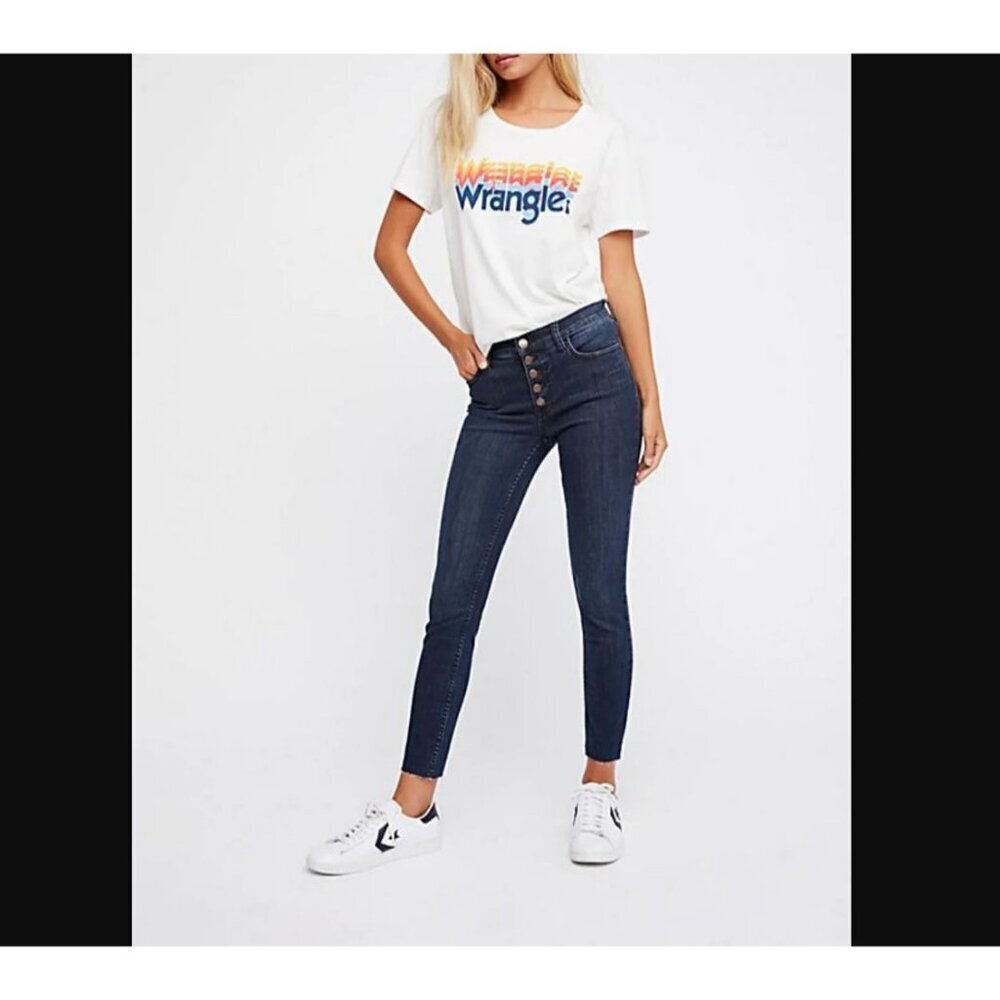 Free People Reagan Raw Hem Skinny Jeans Dark Wash Button Front Size 30W